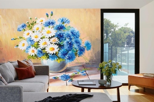 Vlies Fototapete - Gemälde - Hellblauer Blumenstrauß 375 x 250 cm